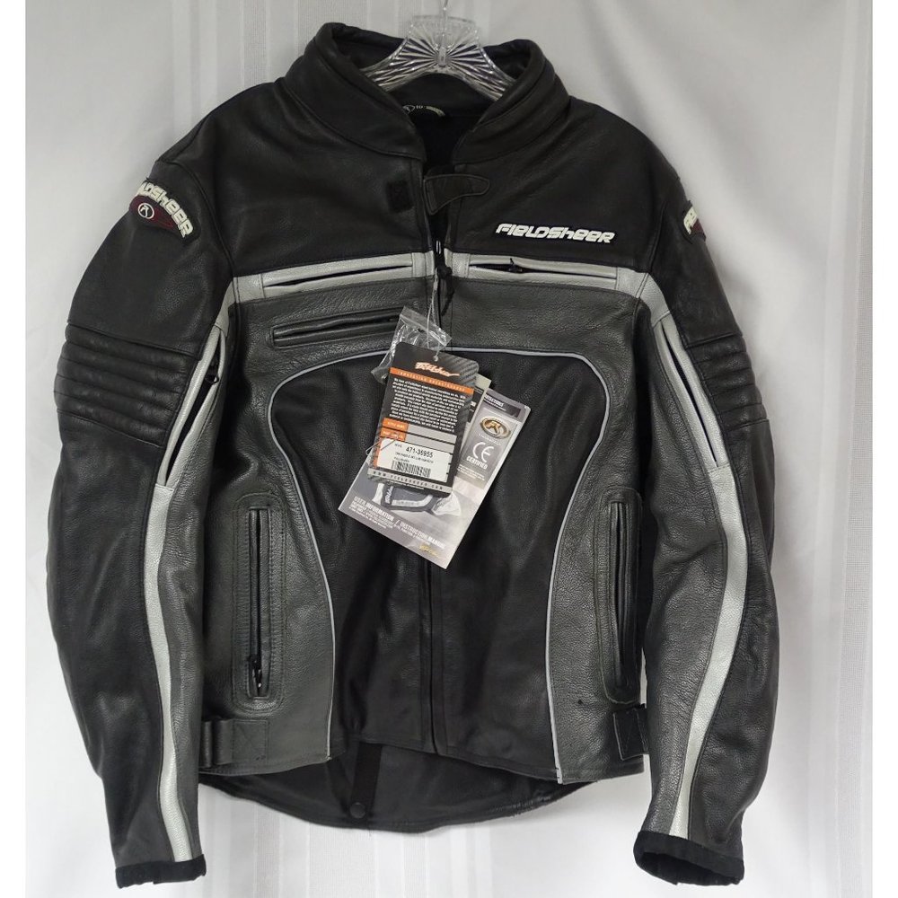 Fieldsheer Padded Black/Grey Leather Padded Motorcycle Jacket Track Pad II Sz 10